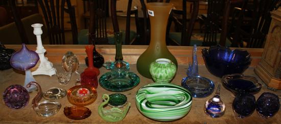 Bohemian glass, opaque glass figural candlestick, paperweights, art glass etc